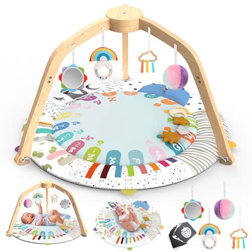 Omzer Baby Play Gym - Wooden Baby Tummy Time Play Mat with 5 Developmental Zones - Baby Gyms & Playmats with 4 Removable Toys - Removable - Baby Play Mat for Baby Essentials & Motor Skills