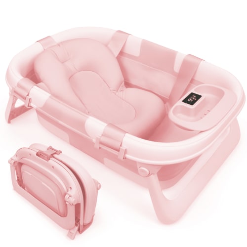 Jool Baby Fold ‘n Store Baby Bathtub – 3 Stage Collapsible Bather for Easy Storage, Portable for Travel – Built-in Thermometer (Pink)