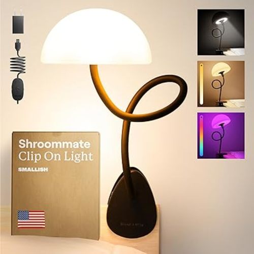 Shroommate Clip On Light and Bed Headboard Lamp, Bedside Table Lamp for Dorm, College Dorm Room Essentials, Night Light for Kids Nursery, Clip on for Desk, MultiColor LEDs, Adapter Included (Black)