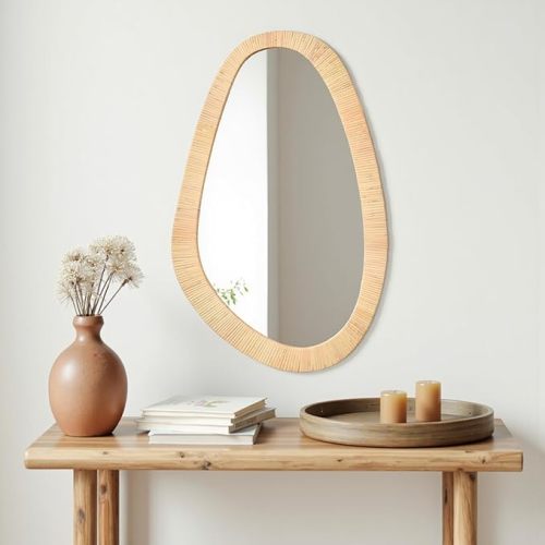 H HOMEWINS Rattan Mirror for Wall,30.5'' x 19.5" Wooden Framed Farmhouse Boho Wicker Coastal Irregular Vanity Mirror for Bathroom Living Room Entryway