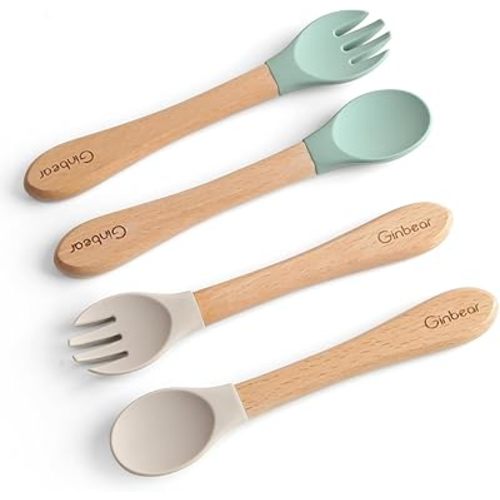 Ginbear Silicone Baby Spoons and Forks Self-feeding 12-18 Months, Soft-Tip Baby Flatware Sets, Toddler Feeding Utensils for Child, 4 Piece Set (Hazy Green/Almond)