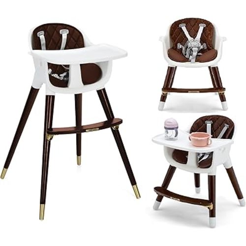 INFANS Baby High Chair, 3 in 1 Convertible Wooden Highchair for Babies & Toddlers, Modern Infant Feeding Chair with 5-Point Safety Harness, Footrest, Adjustable Legs, Removable Tray PU Cushion
