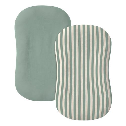 Muslin Baby Lounger Cover 2 Pack, 100% Cotton Infant Lounger Cover, Soft & Breathable Replacement Slipcover, Compatible with Snuggle Me Newborn Lounger (Roman Green,Green Stripe)
