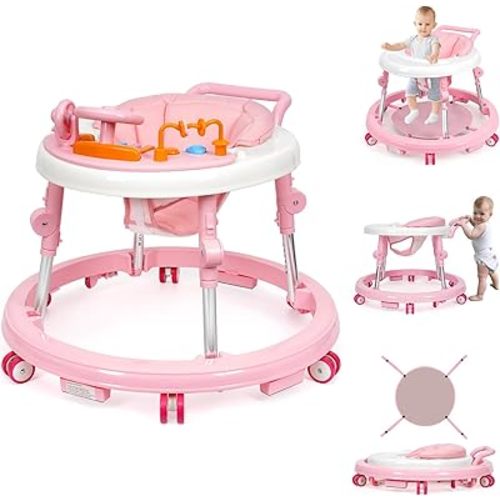 Music and Lights Baby Walker Foldable with 9 Adjustable Heights, Baby Walker with Wheels Portable, Infant Toddler Walker for Baby Boy Girls 6-18 Months