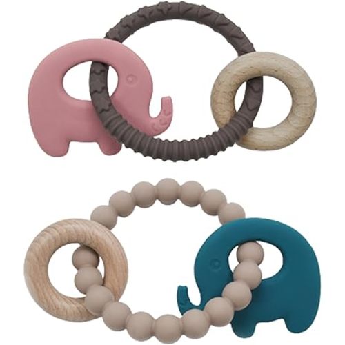 Silicone Baby Teether with Wooden Ring Dual Hardness Teething Toys for Babies 3+Months BPA Free, Soothe Babies Relief Sore Gums, 2Pcs