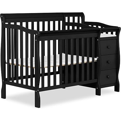 Dream On Me Jayden 4‑in‑1 Mini Convertible Baby Crib & Changer with Storage in Black, Pinewood, GreenGuard Gold & BSA, 1” Mattress Pad, 3 Mattress Heights, Converts to Mini Day & Twin-Size Bed