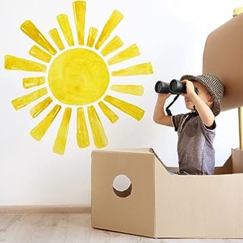 21.65” X 22.44” Watercolor Boho Sun Wall Decals Peel and Stick, PVC Sunrise Wall Stickers, Yellow Sunshine Wall Art Decor for Kids Room Playroom Nursery Bedroom (Boho Sun-4)
