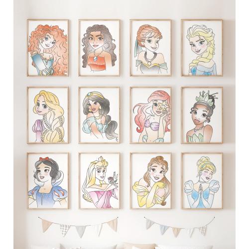 Princess Art Print, Instant Download, Set of 12, Hand Drawn, Princess Wall Art, Princess Posters