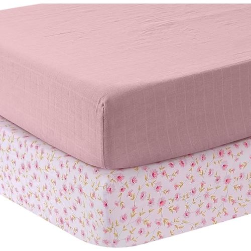 MOZAH Organic Muslin Crib Sheets, Soft and Breathable Bedding for Baby Girls or Boys, Snug Fitted Sheet for Standard Cribs & Toddler Mattresses, 2 Pack, Pink and Pink Leaves