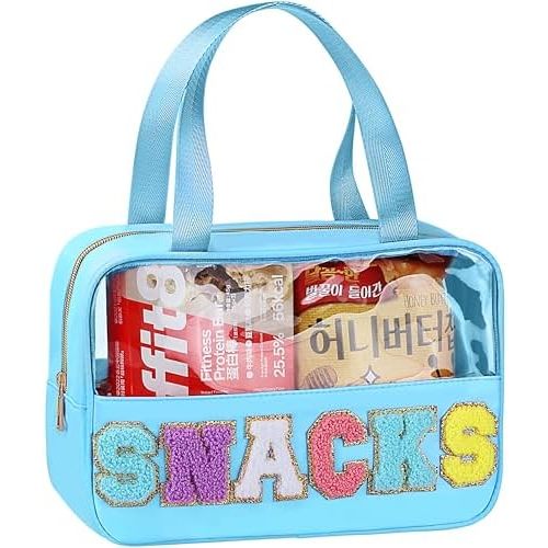 Snack Bag for Travel - Chenille Letter Clear Makeup Bag, Large Preppy Patch Snack Cosmetic Bag with Handle and Zipper, Cute Makeup Pouch Nylon&PVC Waterproof Toiletry Organizer Storage for Women Girls