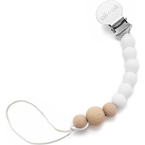 Ali+Oli Silicone Pacifier Clip for Baby (White Wood) 100% Food-Grade BPA Free Newborn Pacifier Holder Infant Binky Clip for Baby Boy or Girl