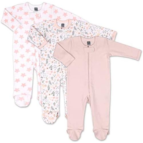 The Peanutshell Baby Sleepers for Girls, Newborn to 9 Months Girl Footed Pajamas, Pink Floral Clothes for Babies, 3 pack