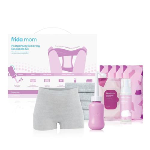 Frida Mom 11pc Postpartum Essentials Kit Gift Set, Hospital Bag Must Haves for New Mom, Includes 4 Disposable Postpartum Underwear, 4 Ice Maxi Pads, Perineal Healing Foam & 24 Pad Liners & Peri Bottle