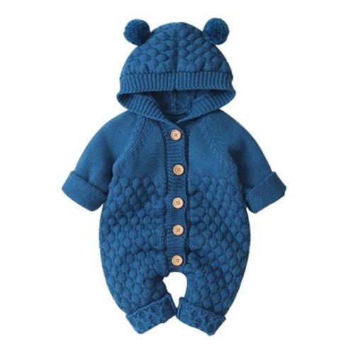 FYMNSI Baby Boy Girl Knitted Sweater Romper Long Sleeve Hoodie Jumpsuit Newborn Infant Winter Clothes Hooded Overall 0-6 Months Denim Blue