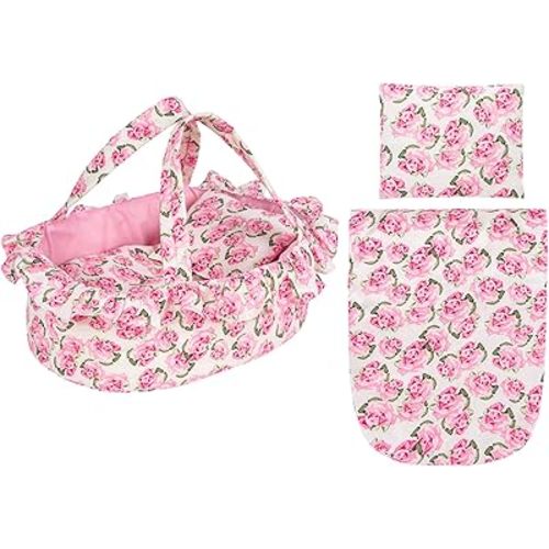 Doll Carry Cot Set, Soft 3PC Set Includes Cot, Mattress and Pillow, Pink Flower Doll Bassinet, Fits for 12 Inch American Girl Dolls