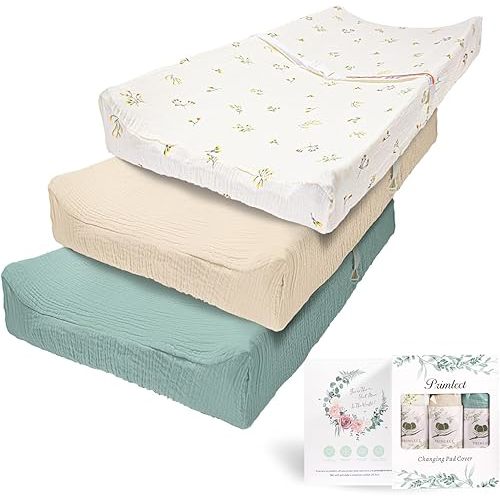 Primlect Muslin Changing Pad Cover, 100% Cotton, Ultra Soft Breathable, Changing Table Covers for Baby Boys Girls, Washable, 3-Pack (Solid Colors and Floral Pattern)