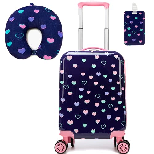 Kid's Luggage Set 2 Piece Suitcase Set Hardside Luggage with Spinner Wheels Girls Carry on Toddler Travel Rolling Suitcase with Neck Pillow Airline Approved