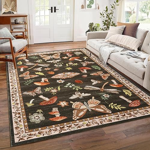 Mushroom Washable Area Rug 6x9 Rugs for Living Room Soft Low-Pile Stain Resistant Thin Carpet for Bedroom Dining Nursery Non Slip Mat with Rubber Brown