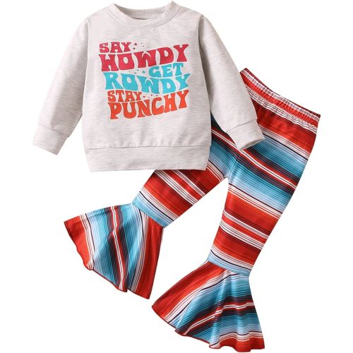 Omkzanbi Western Baby Girl Clothes Cowgirl Sweatshirt Retro Boho Cow Print Flared Pants Toddler Bell Bottoms Winter Outfits