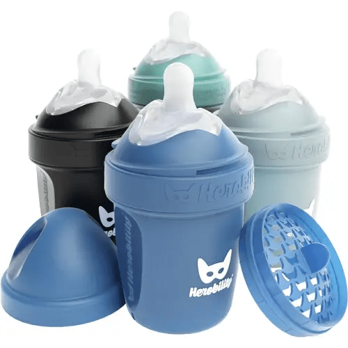 Herobility Anti-Colic Baby Bottles 5 fl oz/140 ml - Pack of 4 Newborn Baby Bottles, Slow Flow Plastic Bottles, Breast-Shaped Teat for Breastfed Babies - Multicolor - Denim, Black, Dusky Green, Gray