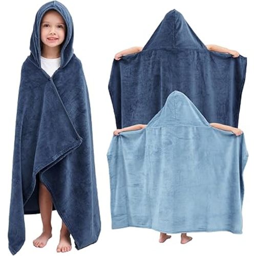 Hiturbo 2Pcs Kids Fleece Hooded Towel: Soft Plush Warm Blanket - 50"x30" Pool Beach Bath Swim Towel Wrap for 3-12 Yrs (Navy+Blue)