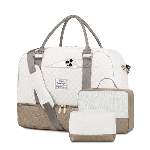 Travel Duffle Bag Weekender for Women: Travel Duffel Carry-On Overnight Bags with Shoe Compartment & Wet Pocket Large Weekend Tote Beige Khaki