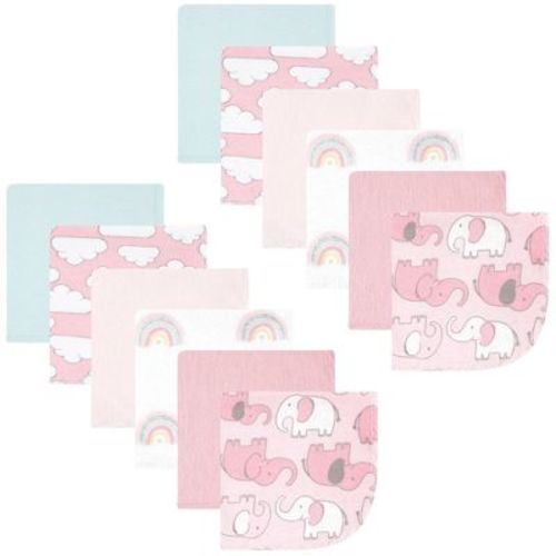 Hudson Baby Infant Girl Flannel Cotton Washcloths, Girl New Elephant 12-pack, One Size