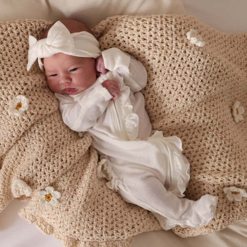 Cloud White Bamboo Waffle Zipper Ruffle Footie