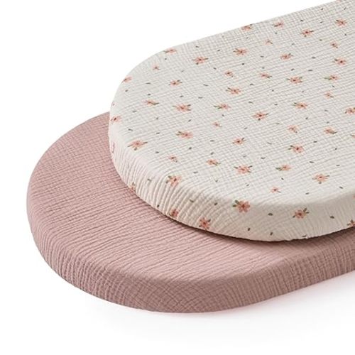 Blissful Diary Muslin Bassinet Sheets for Baby Girls Boys, Boho Soft Cotton Fitted for Oval Hourglass Rectangle Mattress, 2 Pack(Pink Floral&Light Pink)