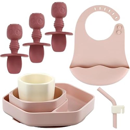 Silicone Baby Feeding Set,8 Pack Baby Weaning Sets Baby Led Weaning Supplies & Utensils Suction Plate and Bowl, Baby Cup with Straw, Bib, Feeder Spoons for 6+ Months (Pink)