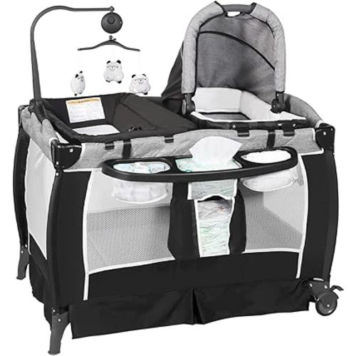 Kinder King 5 in 1 Portable Nursery Center, Foldable Playard for Baby & Toddler, Infant Pack n Play w/Bassinet, Mattress, Newborn Changing Table, Cradle, Travel Bag, Music & Toys, Storage Basket