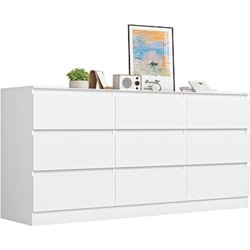 VERYKE White 9 Drawer Dresser for Bedroom,Chest of Drawers with No-Handle Design for Closet,Modern Wood Dresser Bedroom Storage Furniture