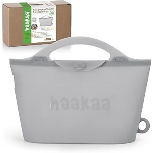 Haakaa Silicone Microwave Steamer & Steriliser Bag, 2000ml Large Capacity Reusable Steaming Bags for Baby Bottles/Breast Pump/Accessories/Pacifiers/Teethers, Great for Home and On-The-Go, Grey/1PC