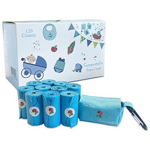 MOM EASY Diaper Disposal Bag Compostable Baby Disposable Diaper Sacks Poop Bags for Baby with Blue Pouch Easy-To-Tie Eco-Friendly Biodegradable Diapers Unscented 120 Counts with 1 Dispenser