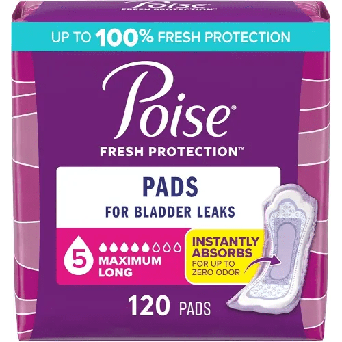 Poise Incontinence Pads & Postpartum Incontinence Pads, 5 Drop Maximum Absorbency, Long Length, 120 Count (2 Packs of 60), Packaging May Vary