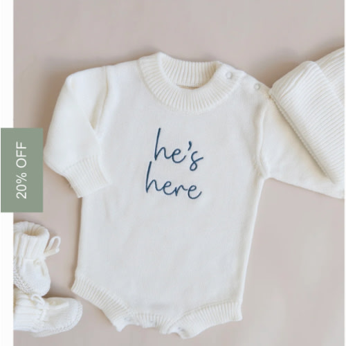 He's Here Knit Romper - Cloud