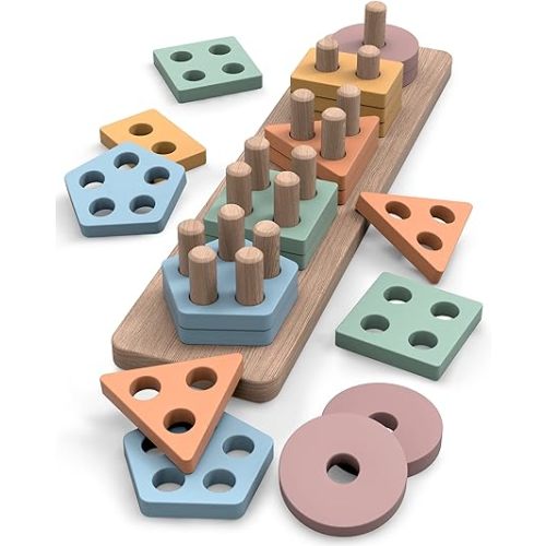 GOPO TOYS Montessori Toys for 18+ Months Old - Toddlers Wooden Sorting and Stacking Toys for Baby Boys and Girls - Shape Sorter and Color Stacker Preschool Kids Wood Gifts - Style A