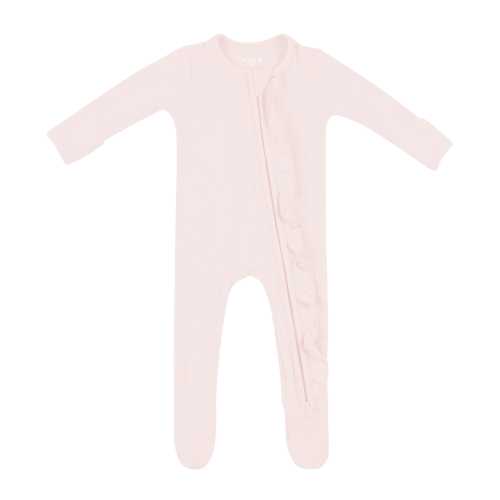 Ribbed Ruffle Zipper Footie in Blush