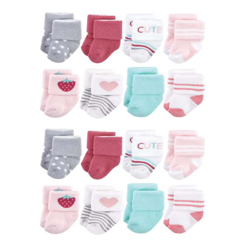 Hudson Baby Cotton Rich Baby Terry Socks 16-Pack, Strawberry, 0-6 Months