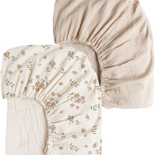 Konssy Muslin Crib Sheets for Girl Boy, 2 PCS Soft and Breathable Cotton Baby Sheets for Standard Crib Mattress, 52"x 28" (Blossom, Cream)