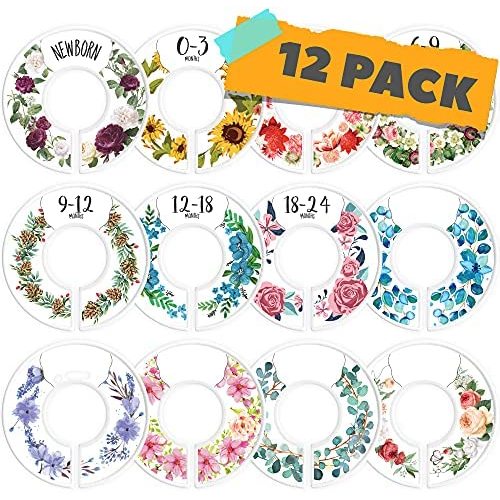 CORRURE Baby Closet Size Dividers - Complete Set of 12 Closet Dividers for Baby Clothes from Newborn to 24 Months - Best Nursery Closet Hanger Organizer for Baby Boy or Girl - Ideal Baby Gift (Floral)