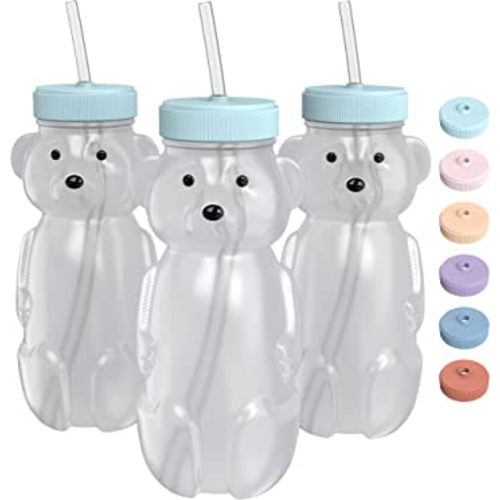 Honey Bear Straw Cup for Babies 3 pack; 8oz straw bear cup with improved safety lid design; honeybear baby cup straw; honey bear cup and honey bear bottle. Straw therapy learning cup. (Blizzard-AQUA)
