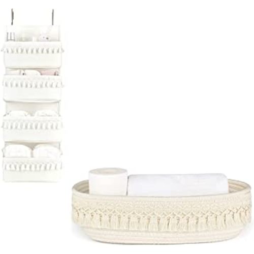 Dahey Boho Door Organizer with 4 Pockets and Macrame Storage Basket for Bathroom Bedroom Living Room Nursery