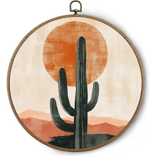 BitKAM Boho Western Round Wall Art Decor, Vintage Southwestern Mountain Cactus Desert Landscape Canvas Prints Framed, Western Boho Wall Hanging Decorations for Home Bedroom Office, 10x10 Inch Wall Sculptures