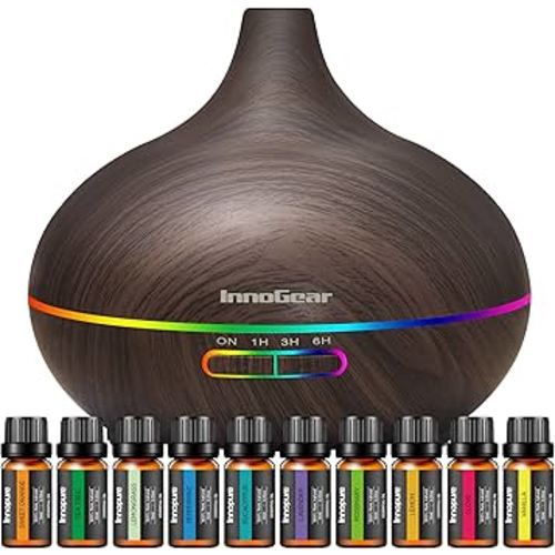 InnoGear Aromatherapy Diffuser & 10 Essential Oils Set, 400ml Diffuser Ultrasonic Diffuser Cool Mist Humidifier with 4 Timers 7 Colors Light Waterless Auto Off for Large Room Office, Dark Wood Grain