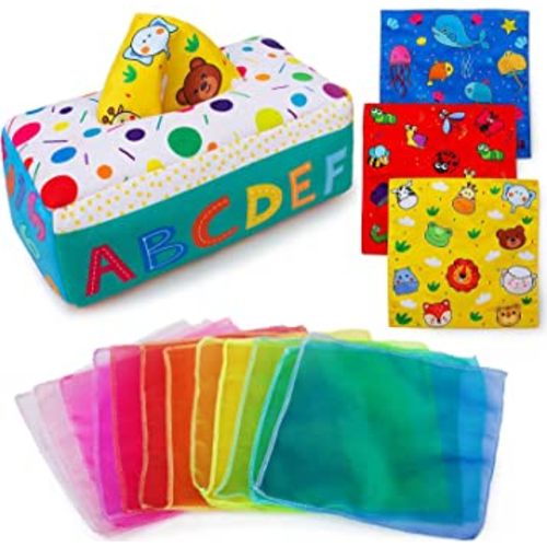 teytoy My First Baby Tissue Box, Soft Stuffed High Contrast Crinkle Montessori Square Sensory Toys Juggling Rainbow Dance Scarves for Toddler, Infants, Newborns and Kids Educational Preschool Learning
