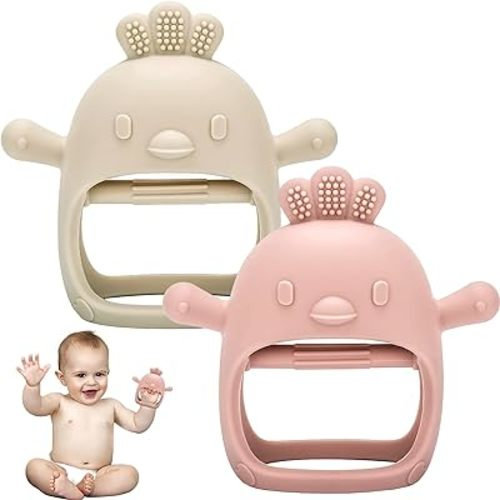 Baby Teething Toys, 2 Pack Teether for Baby, Silicone Mitten Teething Toys for Babies, Baby Teethers Toys 0-3-6-12 Months, Chew Toys Hand Pacifier for Soothing Teething Pain Relief (Beige/Pink)