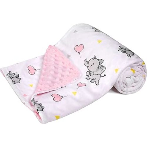 DaysU Silky Micro Soft Plush Baby Blankets for Girls with Print Animal Pattern and Soothing Raised Dots, Double Layer Bed Throws for Baby Crib, Elephant, Pink, 30x40 Inches