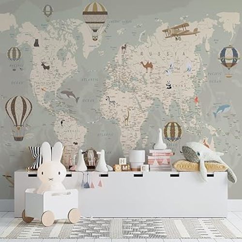 Kids World Map Wallpaper with Animals–Peel and Stick Educational Decals–Nursery Murals for Baby, Toddlers, Boys, Kids Room–Removable Waterproof Decor for Bedroom, Classroom, Playroom(111W x 100H)
