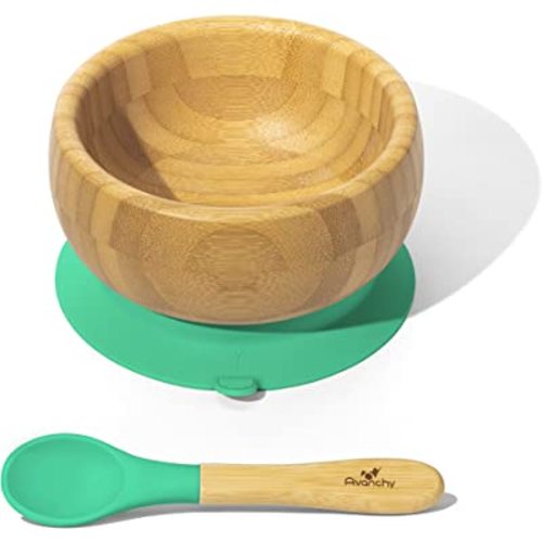 Avanchy Bamboo Baby Bowl with Spoon and Removable Silicone Suction Base – Non-Toxic, BPA-Free Feeding Bowl for Babies and Toddlers – Natural Bamboo Suction Bowl, Green